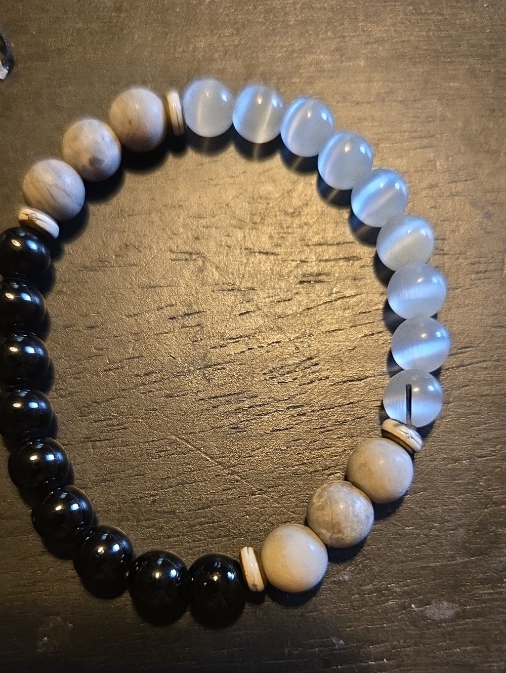Neutral Trio Bead Stretch Bracelet in Black, Cream & Light Blue